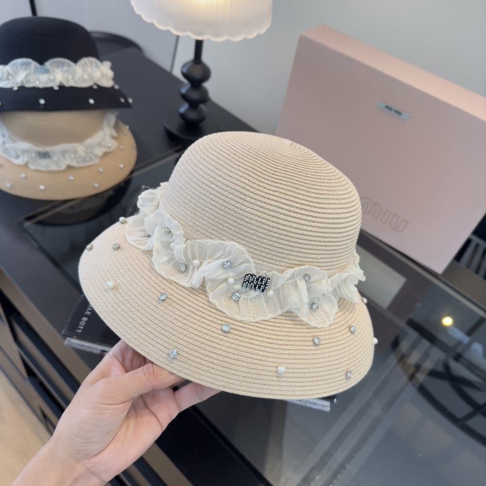 Miu Miu Embellished Straw Cloche Hat White Lace & Crystal Luxury View 2